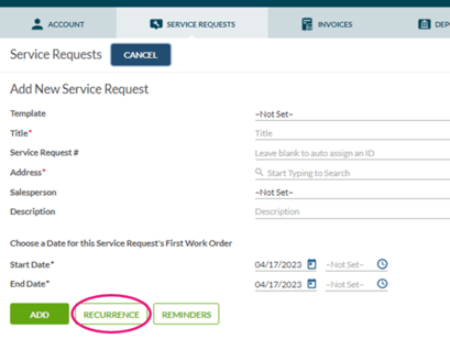 Razorsync Service request recurrence circled