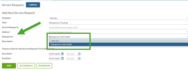Selecting salesperson when creating a service request
