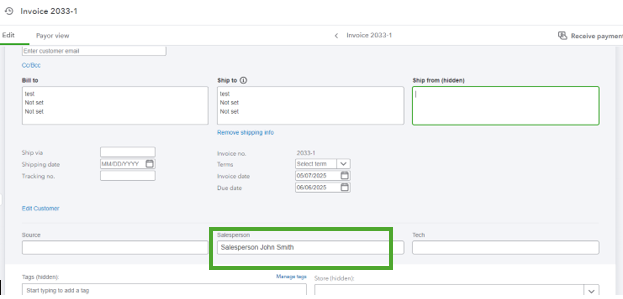 Salesperson field in quickbooks