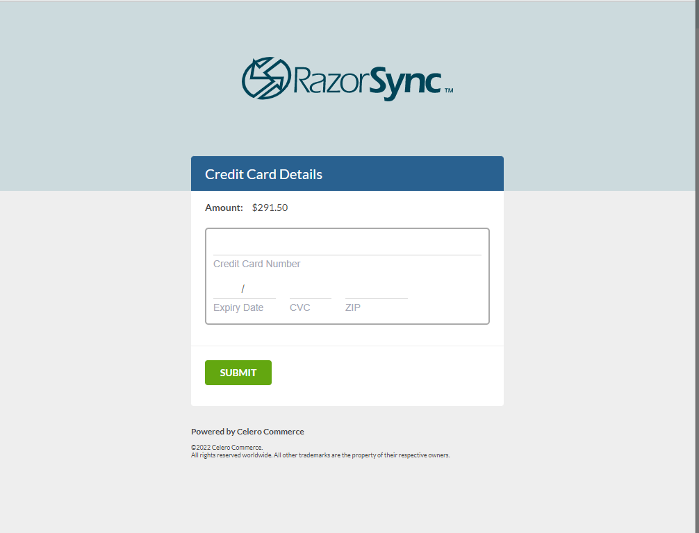 Razorsync credit card details screenshot