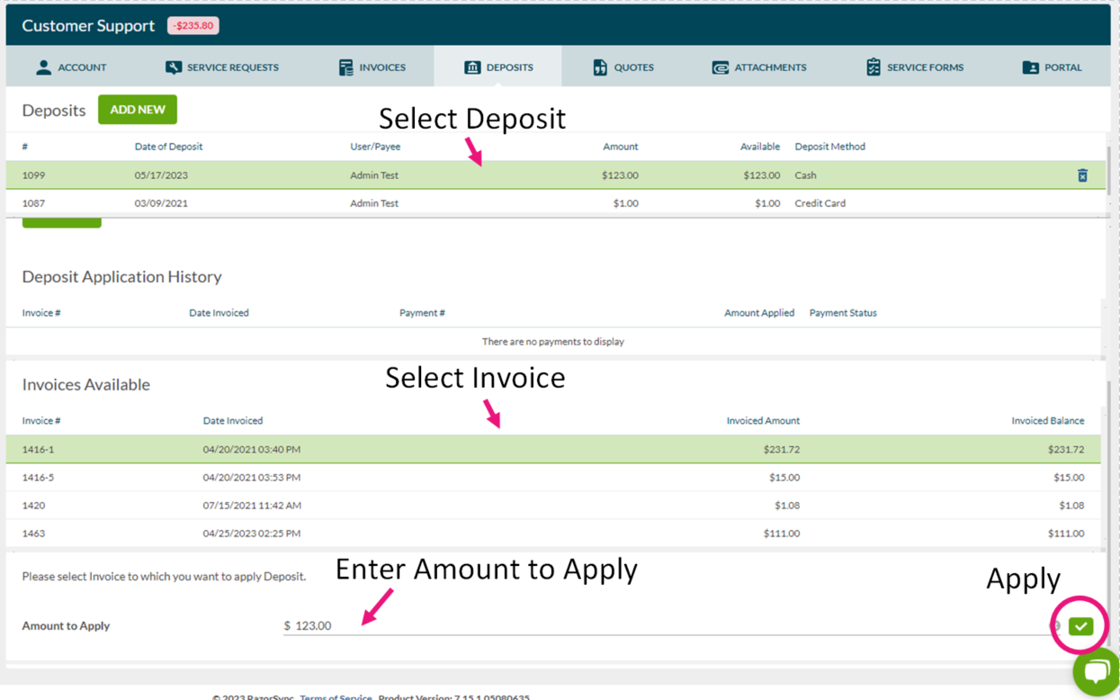 Razorsync apply A deposit