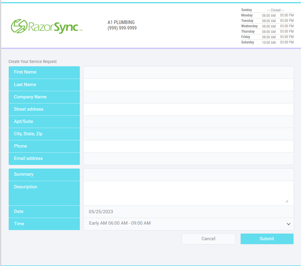 Razorsync unregistered customer requesting a service request